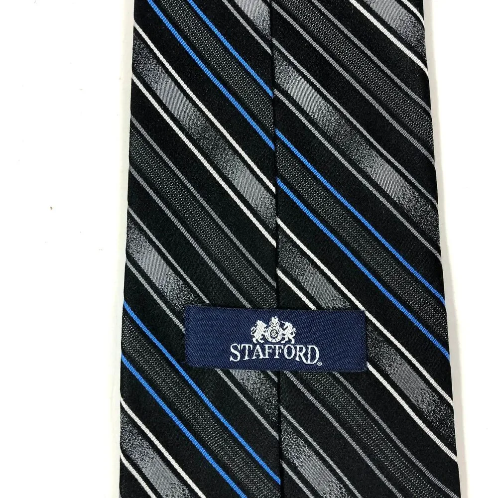 Stafford All Silk Tie Black Grey White Thin Blue Line Diagonal Stripe Long XL